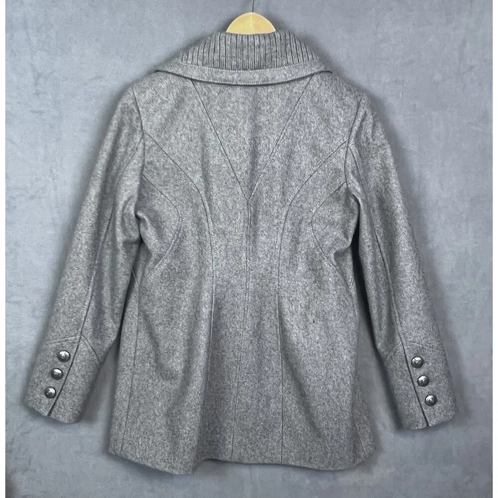 Guess Wool Coat Women’s Sz L Gray Double Breasted Knit Collar Winter Classic